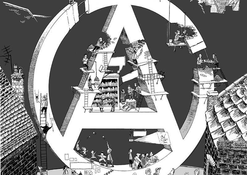 le symbole des anarchiste un a cerclé dans lequel se construisent diverse section de la vie quotidienne