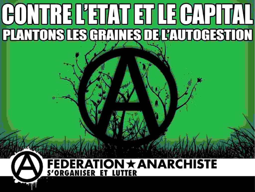 Le logo des anarchiste avec des racines et des jeunes pousses, un slogan, contre l'état et le capital plantons les graines de l'autogestion.